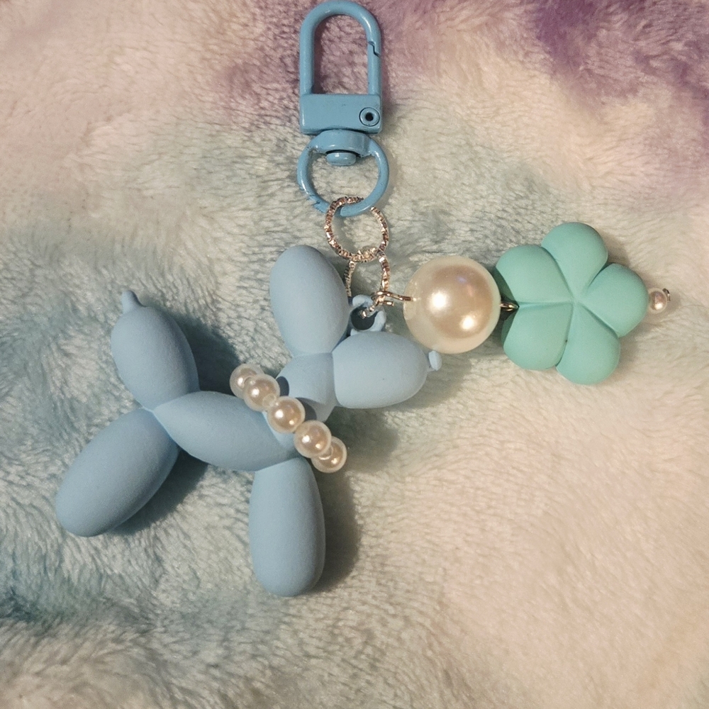 Blue Matte Balloon Dog Pearl Collar Keychain Bag Charm New